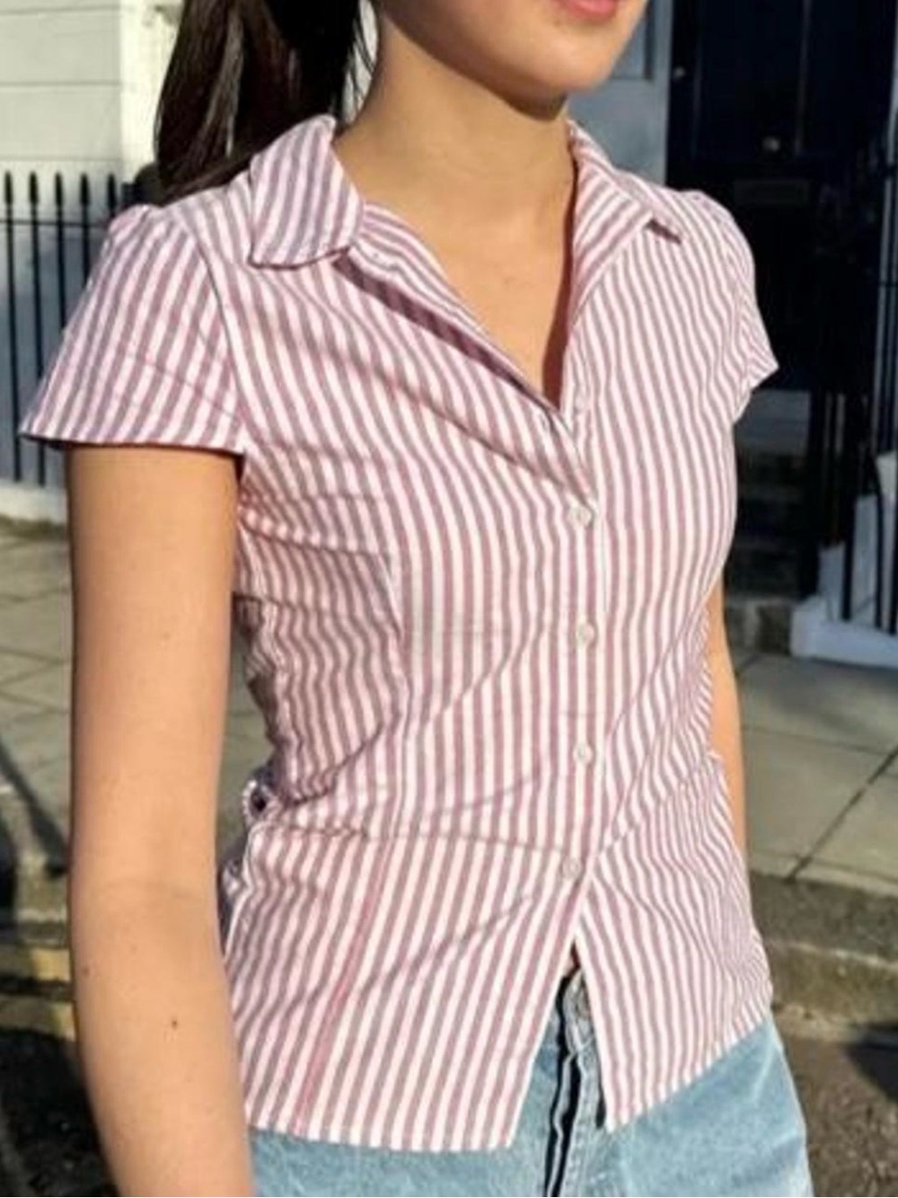 Brandy Melville J Galt Red/Pink and White Striped Short-Sleeve Button-Down Shirt